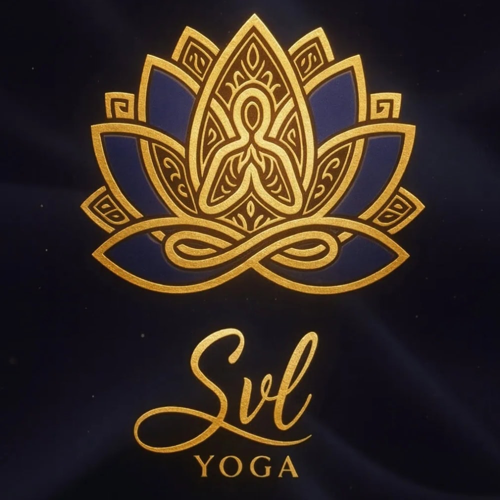 Elegant lotus flower logo with gold detailing for SVL Yoga branding.