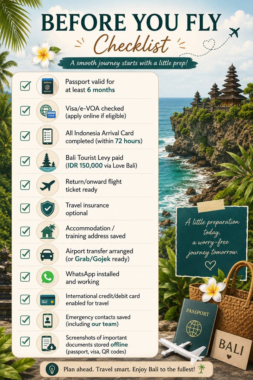 Passport and travel checklist for Bali vacation preparation on a tropical beach background.