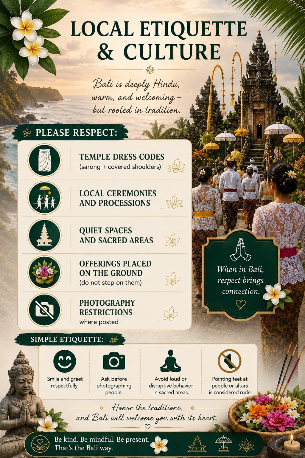 Traditional Balinese ceremony with locals in cultural attire at a sacred site.