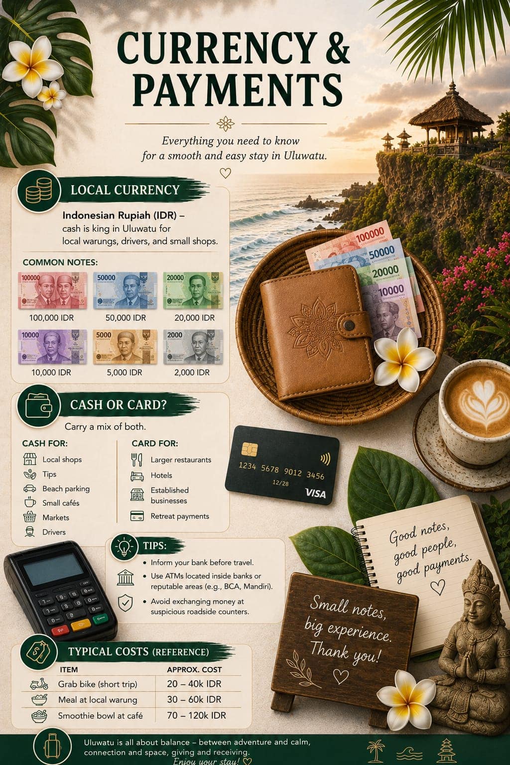 Currency and payment options in Uluwatu, Bali with local currency notes and cards.
