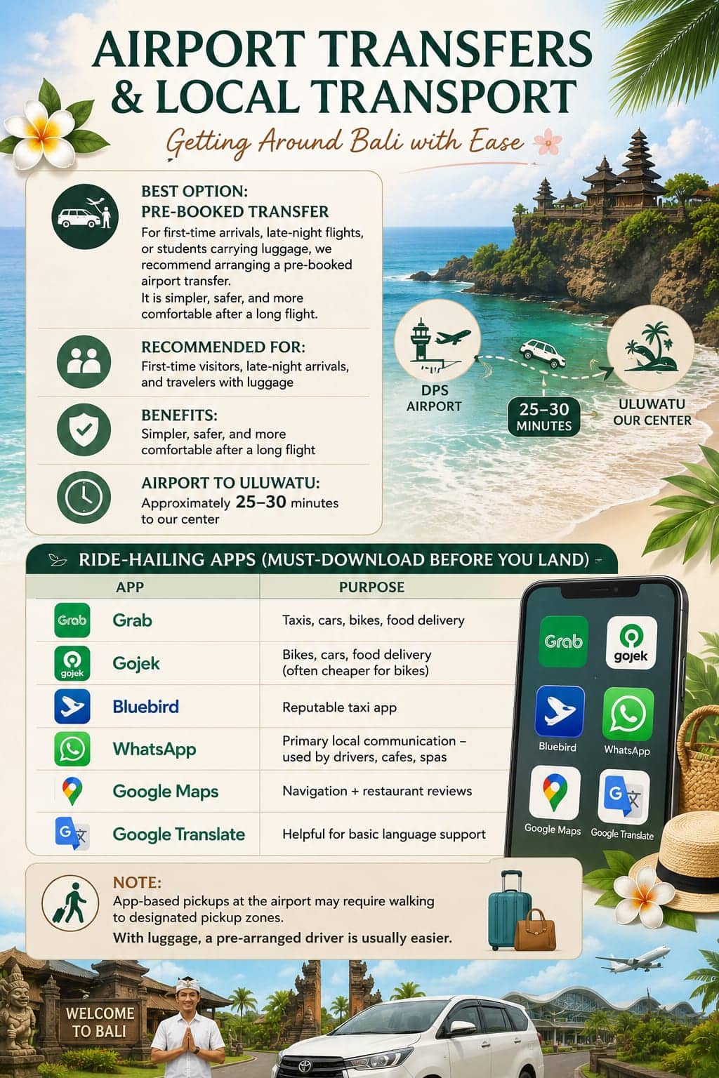 Bali airport transfer and local transport options at SVL Yoga.