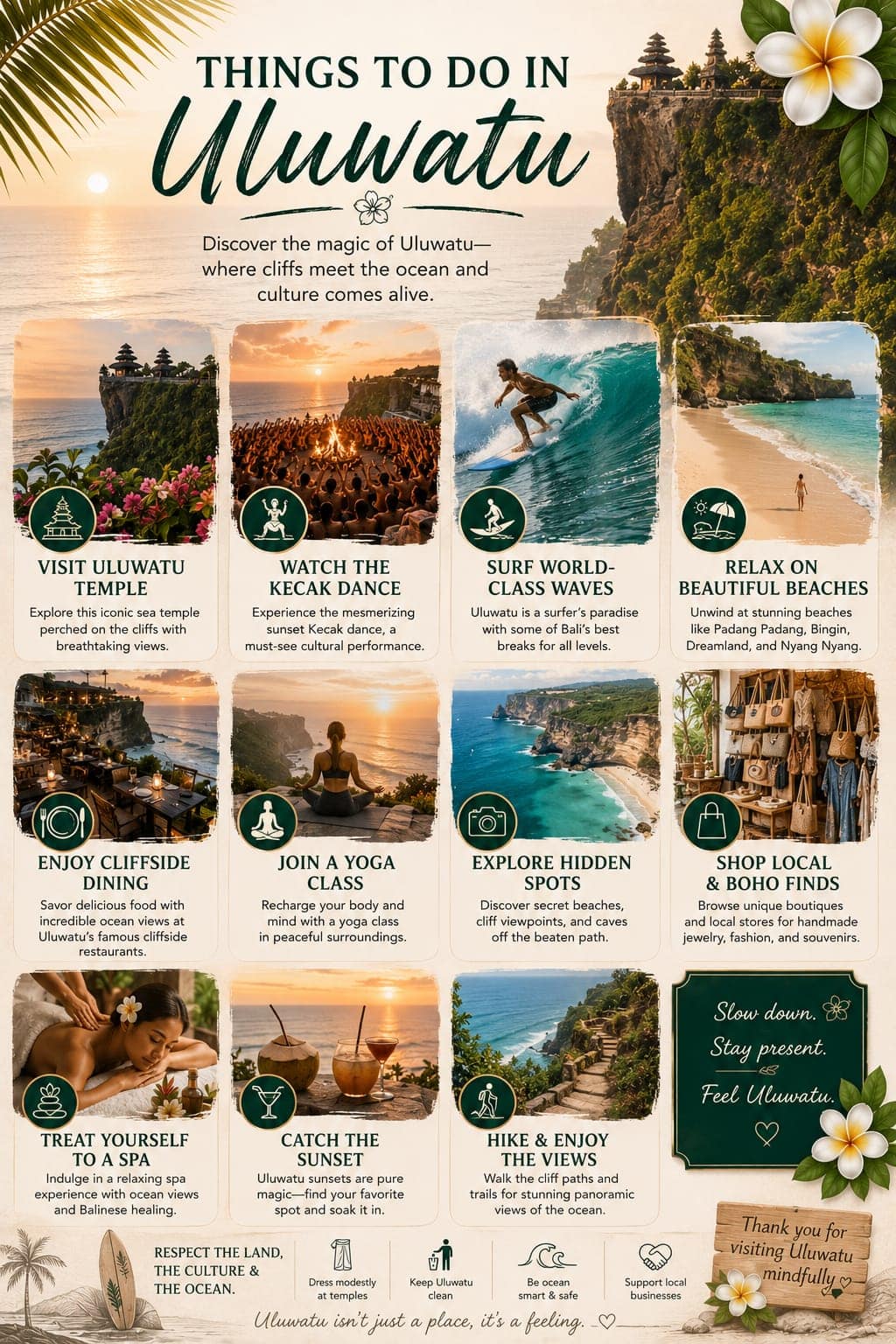 Uluwatu beach and cliffside scenery with surfers and lush greenery in Bali, Indonesia.