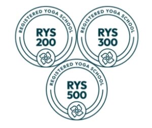 Yoga certification badges for RYS 200, 300, and 500 from SVL Yoga.