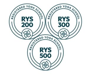 Yoga certification badges for RYS 200, 300, and 500 from SVL Yoga.