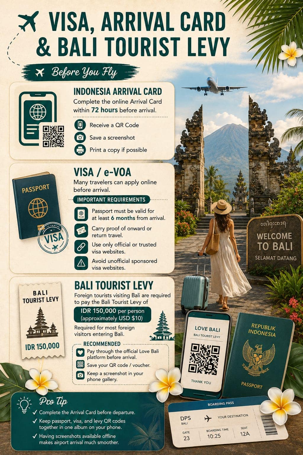 An image showcasing Bali tourist entry requirements with visa and passport details.
