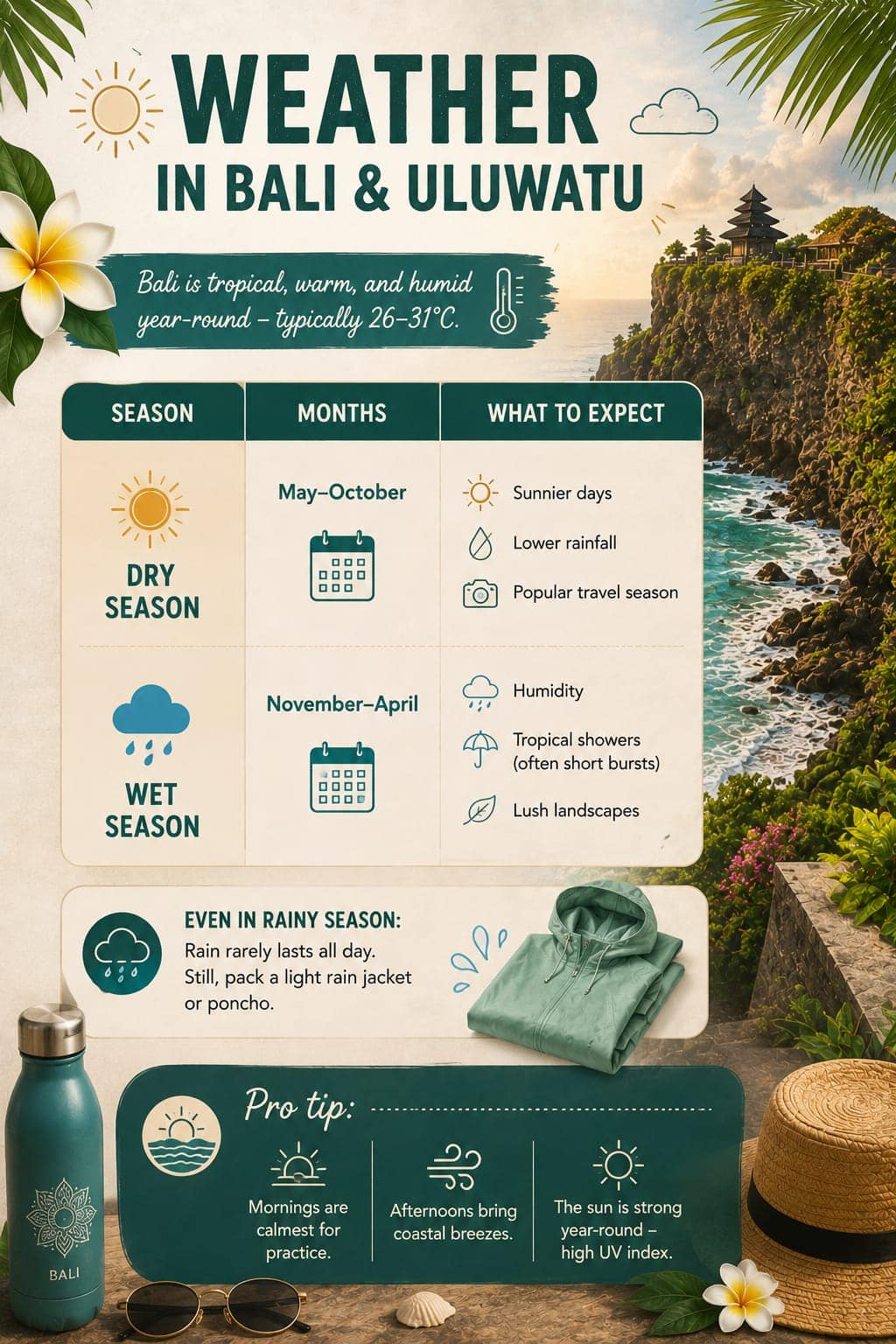 Weather forecast for Bali and Uluwatu, showing seasons, months, and what to expect.