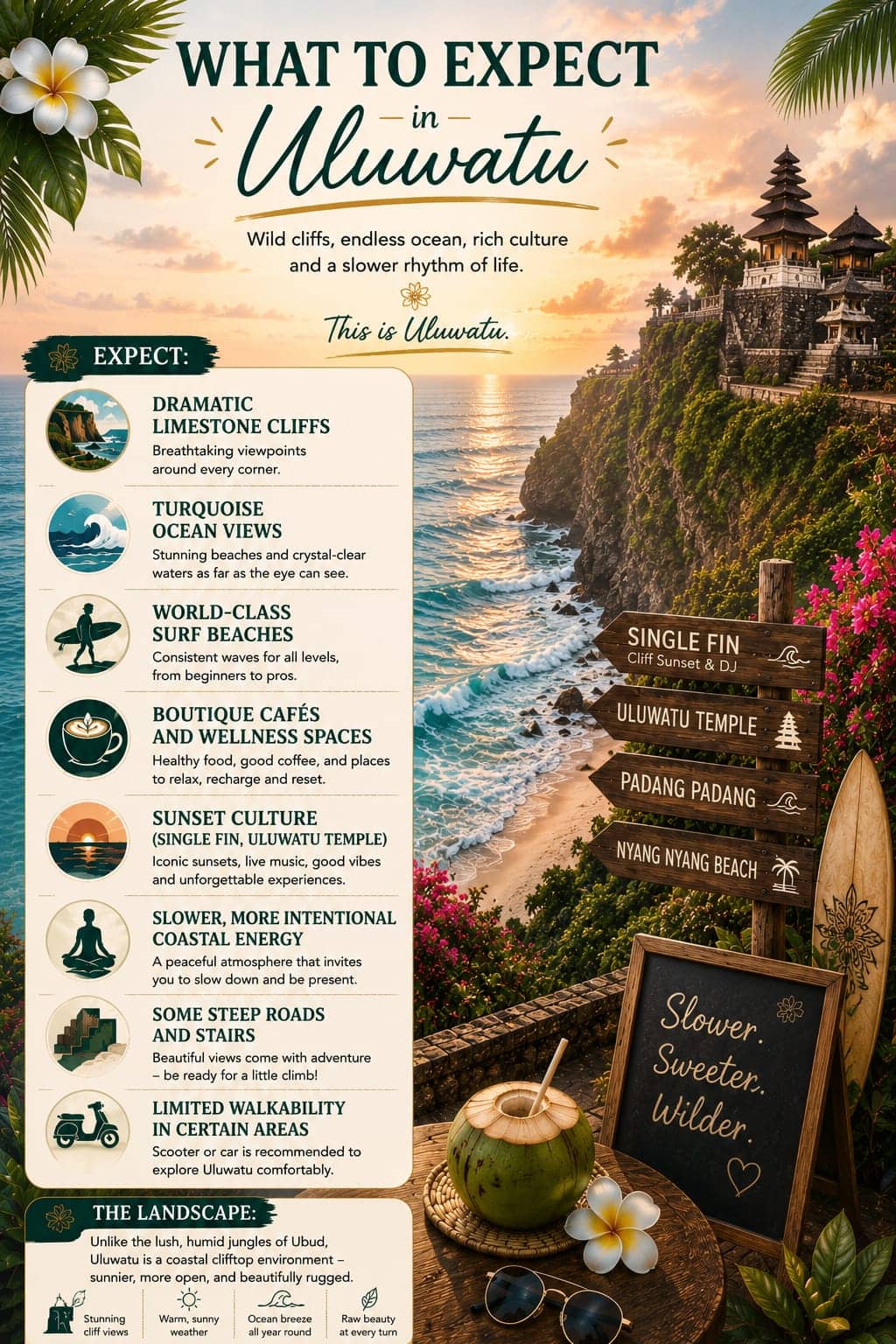 Scenic view of Uluwatu with temple, beaches, and lush greenery in Bali, Indonesia.
