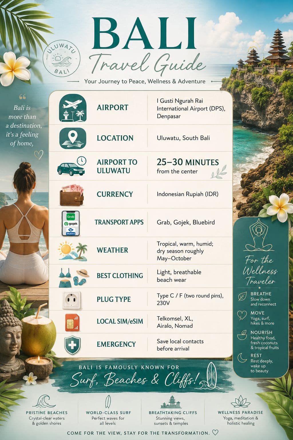 Bali travel guide with tips on airport, location, currency, transport apps, weather, clothing, plug.